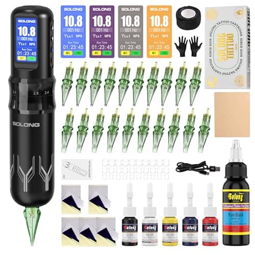 Tattoo Gun,Solong Complete Tattoo Kit with 7 Stroke Lengths，Powerful Battery, Assorted Cartridge Needles and Color Wallpaper Guide Wireless Tattoo Gun Kit for Beginners SL-TKE200A-1-USA - Image 1