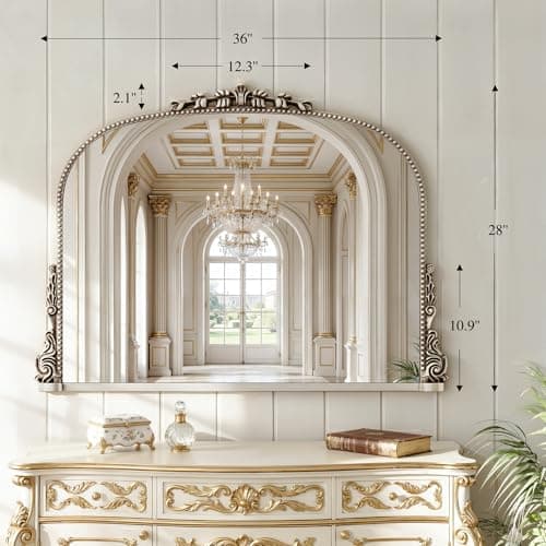 26x38 inch Vintage Arched Gold Ornate Baroque Mirror - Wall Vanity Mirror with Beautiful Retro Top and Bottom Engraving Process Frame for Bathroom, Living Room, Fireplace, Entryway, HD Tempered Glass - Thumbnail 2