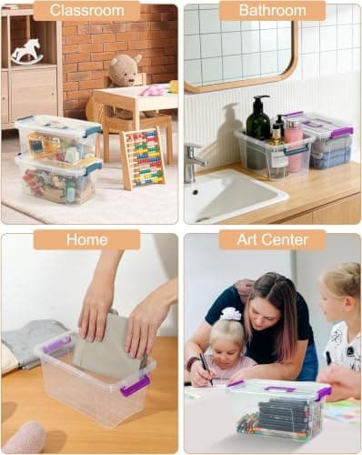 AREYZIN Plastic Storage Bins with Lids 6 Pack, 7 Quart Stackable Storage Containers with Buckle Latches, Heavy Duty Clear Organizer Bins for Home Office Supplies, Craft & Toy Storage, BPA-Free,Purple - Thumbnail 6