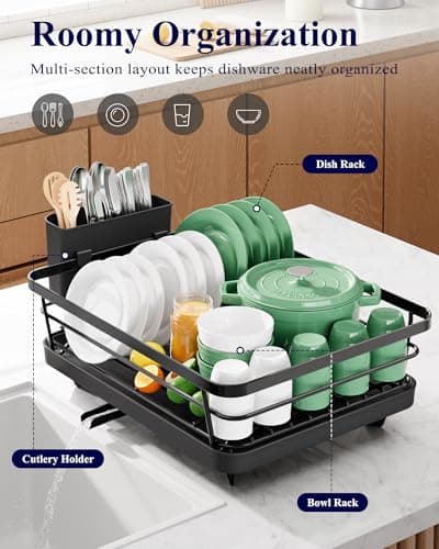 Kitsure Dish Drying Rack for Kitchen Counter, Stainless Steel Sink Organization and Storage Essentials with Cutlery Holder, Home and Appartment Decor, 12''W x 15.5''L, Black - Thumbnail 2