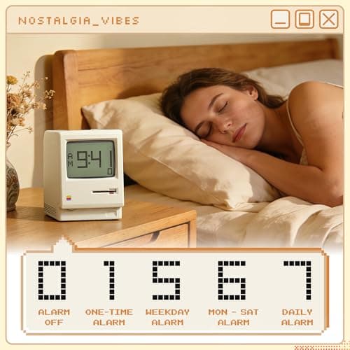 UNEEDE Maclock Retro Desk Clock, 1984 W-8 Computer Inspired Pixel Display Rechargeable Desk Clock, Multi-Alarm, Calendar, Temperature, Dimmable, Unique Retro Tech Gift for Office Bedroom Night Light - Thumbnail 5