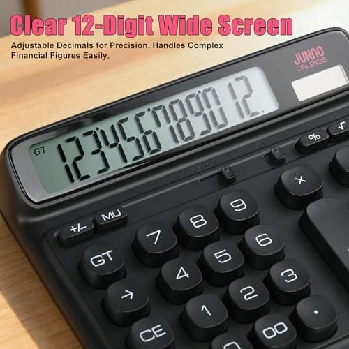 Niodel 12-Digit Desktop Calculator, Modern Color-Clash Aesthetic Design, Dual Power (Solar & Battery), Ergonomic Tilted Large LCD Display for Office, School and Accounting (Black&Red) - Thumbnail 5