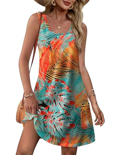 WEESO Hawaiian Dresses for Women Casual Mini Dresses Spring Summer Fashion Vacation Boho Cute Sundresses Travel Clothes Swimsuit Coverup Floral Orange L - Thumbnail 2