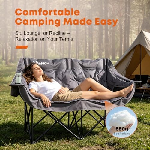 Trakiom Double Camping Chair Oversized Padded Outdoor Loveseat Chairs for Adults, Heavy Duty Folding Camping Couch with Cup Holders & Phone Pocket, 2 Person Portable Chair for Beach Lawn Patio - Thumbnail 5