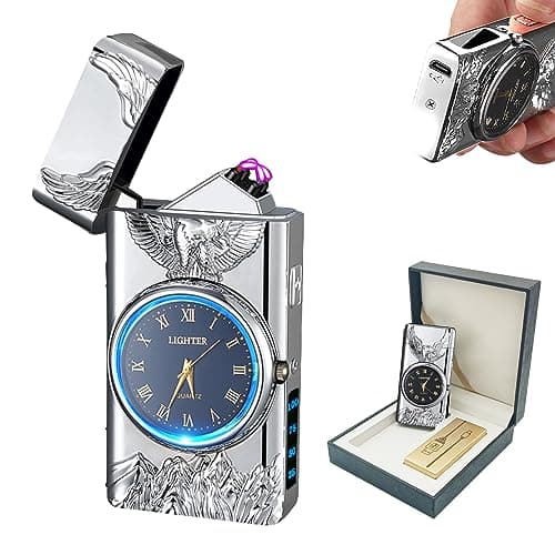 BABOBIU Electric Lighter USB Rechargeable Lighter Windproof Cool Eagle Lighters Flameless Portable Arc Lighters with Portable Flashlight Gift for Men, Boyfriend, Husband (Silver)