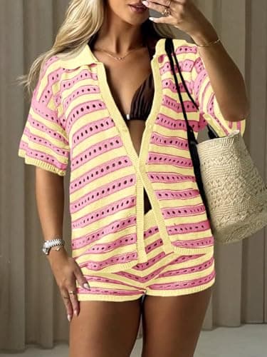 Saodimallsu Womens Crochet Swimsuit Coverup Summer 2 Piece Outfits Striped Knit Short Sleeve Button Shirts Shorts Sets Pink - Thumbnail 6