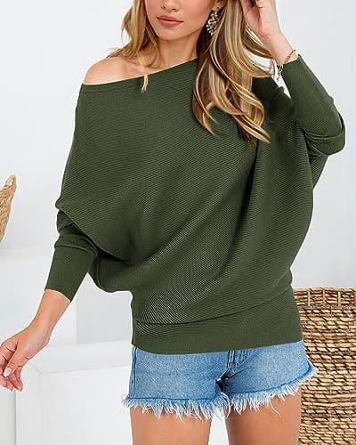 Zenlonr Women's Fall Winter Sweaters 2026 Casual Long Batwing Sleeve Loose Off Shoulder Knit Pullovers Jumper Tops(Army Green,Small) - Thumbnail 2