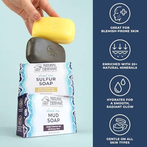 Natural Elephant Dead Sea Sulfur Soap 4.4 oz with Dead Sea Salt, Aloe Vera, Sulphur Face and Body Bar for All Skin Types (1 Sulfur + 1 Mud Soap (2 Bars Total)) - Thumbnail 3