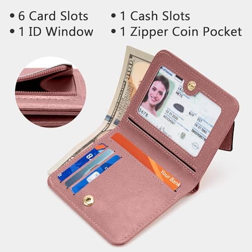 Gostwo Small Wallets Woman, Credit Card Holder Wallet, Slim Rfid Wallet Women, Compact Bifold Luxury Genuine Leather Pocket Passport Wallet Ladies Girls Mini Purse Travel with ID Window, Wax Pink - Thumbnail 3