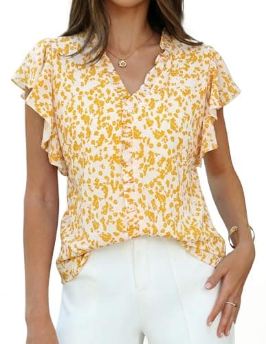 GRACE KARIN 2026 Boho Tops for Women Dressy Casual,Ruffle Sleeve Chiffon Blouses,V Neck Summer Fashion Clothes Yellow XXL - Image 1