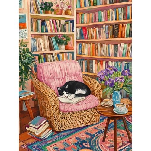 Lophomie Diamond Art Kits for Adults, 5D DIY Book and Cat Diamond Painting for Adults Beginners, Diamond Dots Kits Gem Arts Crafts for Home Wall Decor 12x16 Inch(Bookshelf) - Image 1