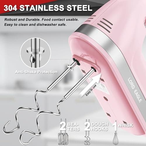 Lord Eagle Hand Mixer Electric Handheld 400W, 5-Speed Lightweight Kitchen Mixer with Storage Case, 5 Stainless Steel Attachments for Baking Cake Egg Cream Food Beater, Turbo+Eject Button, Pink - Thumbnail 2