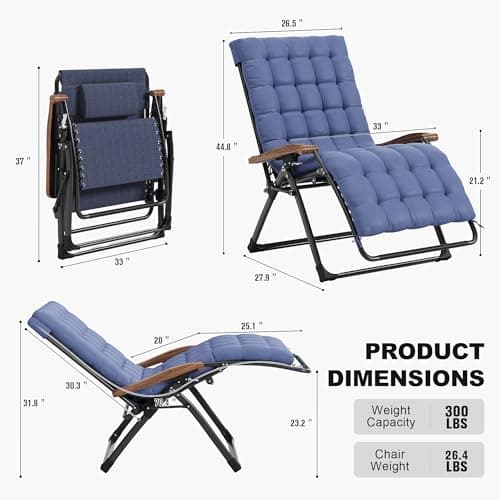 PURPLE LEAF Extra Wide Outdoor Reclining Chair Patio Zero Gravity Chaise Lounge Folding Chair with Removable Cushion Adjustable Headrest for Lawn Camping Beach Pool Navy Blue - Thumbnail 2
