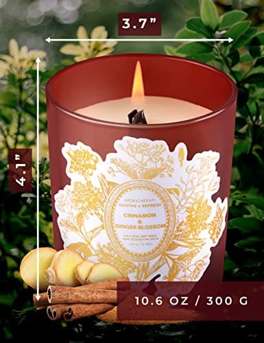 Cinnamon Ginger Blossom Wood Wick Candle for Home Scented | 10.6 oz Large Soy Candle | Cinnamon Spiced Ginger Scented Candles | Aromatherapy Relaxation Candles | Gift for Women & Men - Thumbnail 5