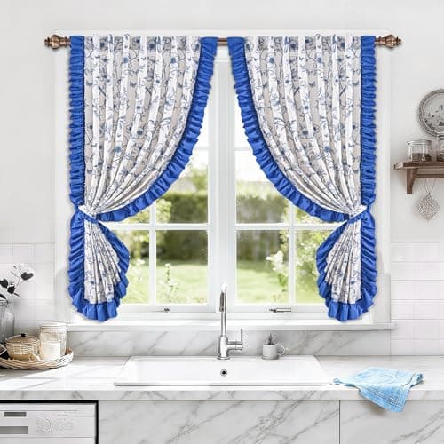 Yinhua Floral Kitchen Curtains 36 Inch with Ruffle Tieback, Farmhouse Vintage Linen Kitchen Window Curtains Over Sink, Light Filtering Rod Pocket Small Cafe Curtain, 26" W x 36" L, 2 Panels, Blue - Thumbnail 2
