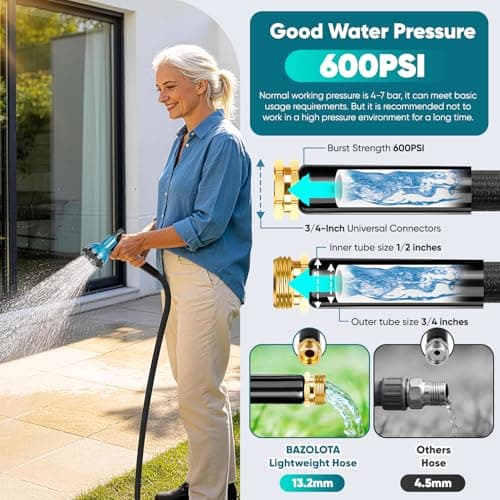BAZOLOTA Garden Hose 100FT Non-Expanding, Lightweight Hose With 10-Function Nozzle, Leak-Proof No-Knot, Easy to Carry, Wear-Resistant, Sturdy 3/4GHT Flexible Water Hose for Outdoor (Black with Nozzle) - Thumbnail 5