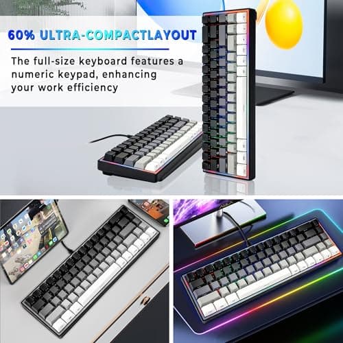 Taramico 65% Gaming Keyboard, LED Backlit Mini Wired Keyboard, Ultra-Compact Anti-Ghosting No-Conflict 68 Keys Membrane Gaming Wired Keyboard for PC Laptop Windows Gamer(Gray-White) - Thumbnail 6