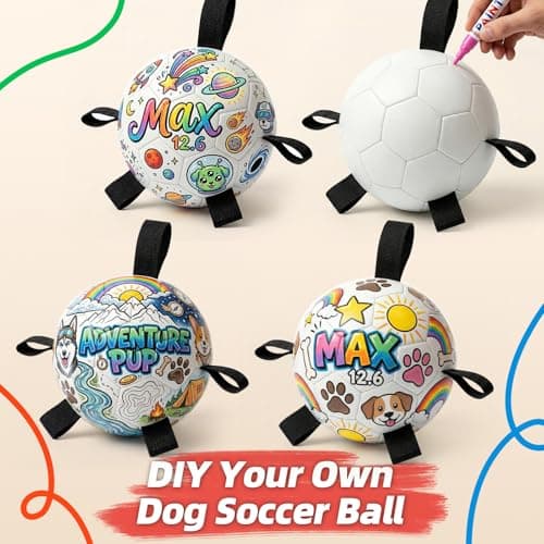 HETOO Dog Soccer Ball with Straps, DIY Paintable Dog Toy Ball Kit with 8 Color Markers,Personalized Interactive Dog Toys for Small Medium Dogs Puppies,6 Inch Birthday Gift Pet Toy - Thumbnail 2