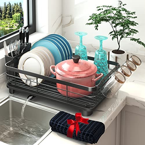 Godboat Dish Drying Rack, Dish Rack with Auto-Drain & Mat, Dish Drainers for Kitchen Counter, Glass Organizer for 4 Cups, 3 Slots Utensil Holder, Gifts for Women Mothers Day, Kitchen Gadgets & Decor - Image 1