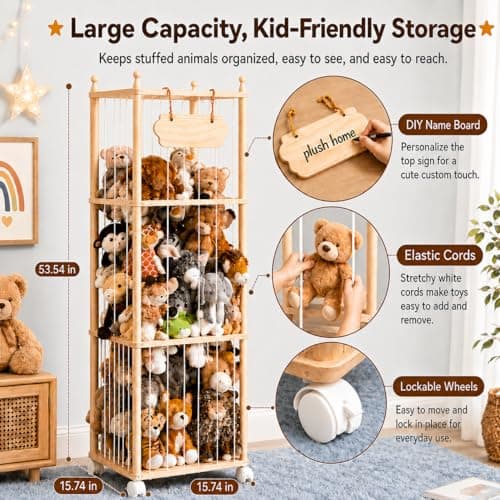 Stuffed Animal Storage - Wooden Large Organizer Holder for Kids' Room and Playroom - Plush Zoo Animals Holder with Elastic Cords & Brake Wheel for Toddler Bedroom Toy Stuff Organization - Thumbnail 3