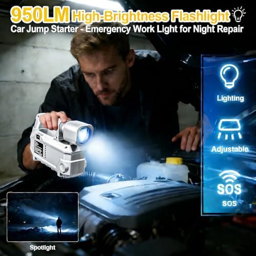 Car Jump Starter with Air Compressor & 950LM LED Light, 6000A 150PSI Peak Portable Jumper Pack, 12V Jump Box Combo with Jumper Cables, Auto-Shutoff Tire Inflator (Up to 9L Gas/7.5L Diesel) - Thumbnail 4