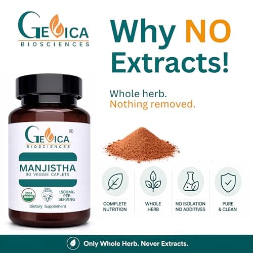 GeVica Biosciences Manjistha (Rubia Cordifolia) Caplets – USDA Organic,1500 mg per Serving – No Extract, 100% Whole Herb, NPOP & BioAgriCert Certified – 90 Count - Thumbnail 4