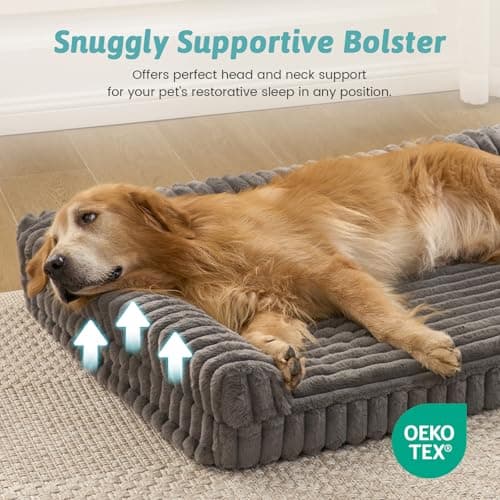 COZY KISS Faux Rabbit Fur Large Dog Bed – 44"x32" Orthopedic Foam Couch with Sides, Removable Washable Cover & Waterproof Lining, Grey - Thumbnail 6