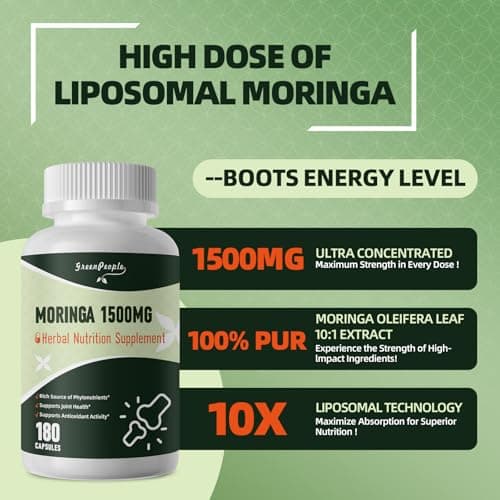 GREENPEOPLE Whole-Leaf Moringa Capsules 1500mg - High Potency 10:1 Moringa Oleifera Leaf Extract - Natural Green Superfood for Energy & Immune Support - Vegan, Non-GMO, Caffeine Free - 180 Count - Thumbnail 2