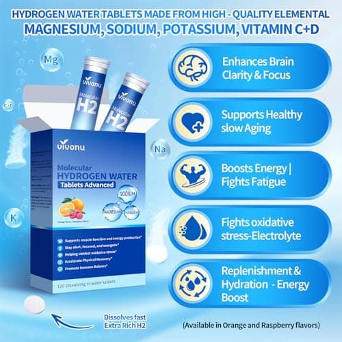 VivoNu Hydrogen Water Tablets with Electrolytes & Magnesium Complex, Vitamin C & D | 2 Flavors Pack (Orange & Raspberry) | Zero Sugar Electrolyte Powder Alternative for Rapid Hydration & Recovery - Thumbnail 2