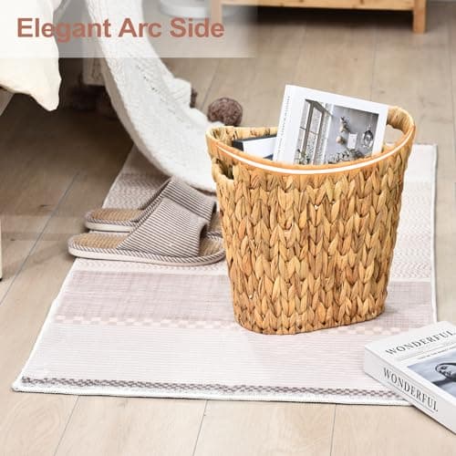FairyHaus Wicker Trash Can with Handles, Natural Water Hyacinth Wicker Waste Basket, Handwoven Wicker Trash Basket for Bathroom Bedrooms, 13" L x 7.5" W x 12.2" H - Thumbnail 5