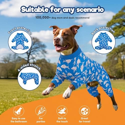 LovinPet Large Dog Pjs, UV Protection, Pet Anxiety Relief Onesies, Lightweight Stretchy, Blue Shark Print, Undershirt for Dog Sweaters and Coats, Large Breed Husky Pajamas, Pet PJ's/L - Thumbnail 2