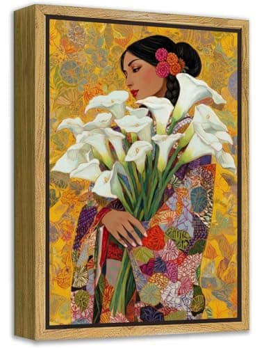 Framed Mexican Wall Art, Girl with Calla Lily Flower Wall Decor Picture, Mexican Botanical Floral Poster Print for Living room Bedroom Gallery Home Decoration 12x16in - Image 1