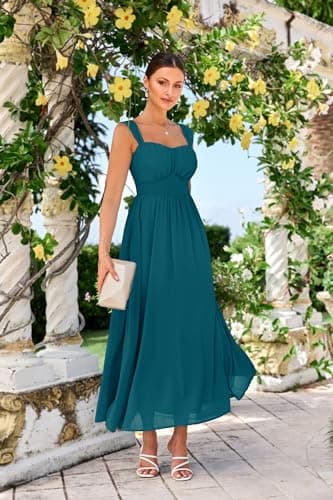 2025 Women's Summer Sleeveless Off Shoulder Floral Flowy A Line Maxi Dresses Peacock Blue L - Thumbnail 2