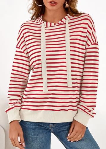 KIRUNDO Womens Striped Hoodies Sweatshirt 2026 Fall Long Sleeve Color Block Drawstring Casual Loose Pullover Top Y2K Clothes(Stripe Red Beige, X-Large) - Thumbnail 6