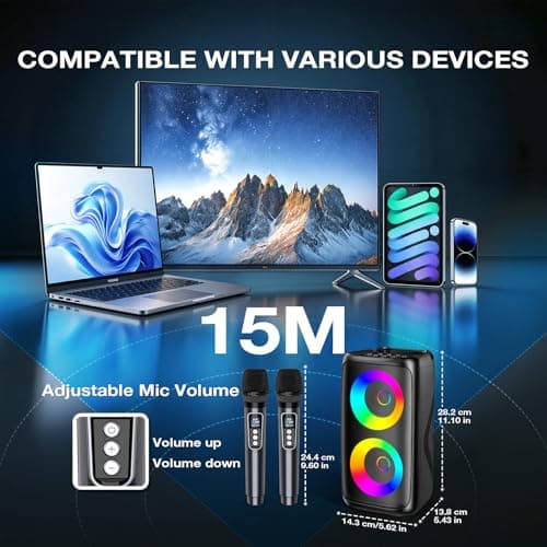 Karaoke Machine for Adults: Portable Bluetooth Speaker with 2 Wireless Karaoke Microphones with LED Lights Birthday Gifts for Party Family Home System Packages Support TWS/TF/USB/AUX - Thumbnail 4