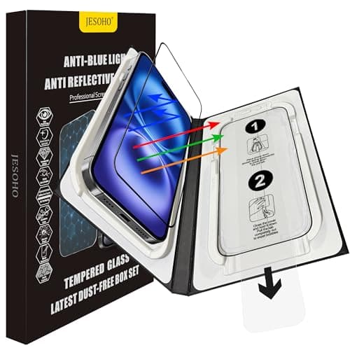 JESOHO Screen Protector for iPhone 15/16(6.1 inches) Blue Light Blocking, Anti-Reflective Shatterproof HD Tempered Glass with Easy Installation Tray,Touch Sensitive,9H,2 Pack - Image 1