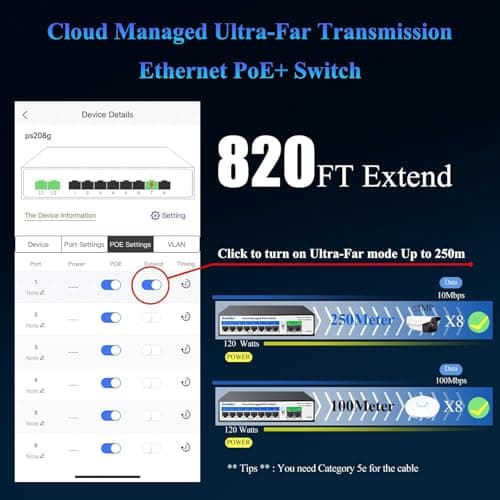 10-Port PoE Switch (8 PoE Ports@120W Built-in Power, 2 Uplink) with Extend Function, Managed Ethernet Switch, Plug & Play, Fanless Metal Design, VLAN, Qos,Desktop/Wall Mount - Thumbnail 3