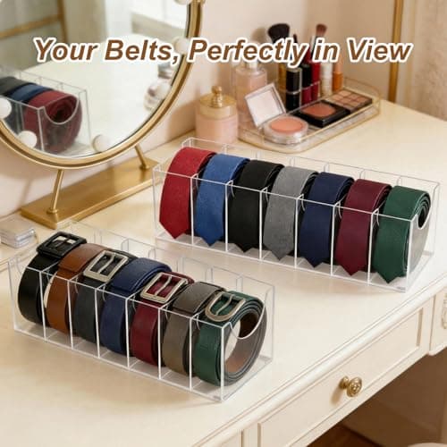 Belt Organizer, Acrylic Belt Storage Holder for Closet Drawer with 7 Compartments, Belt Holder Organizer with Dust Cover Box Holder, Clear Belts Display Case for Watch, Jewelry, Socks - Thumbnail 5