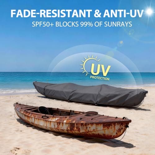 Kayak Cover Canoe Accessories, 13-15FT Waterproof Boat Tarp Shade Outdoor Oxford Storage Marine Cockpit Dust Cover UV Protection Ultra Strong Sunblock Shield for Fishing Boat Kayak Canoe (Gray) - Thumbnail 2