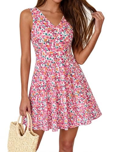 BTFBM Womens Summer Dresses 2026 Spring Casual Sleeveless Floral Knit Flowy A-Line Mini Dress Pockets Beach Sundress(White Multi, XX-Large) - Image 1