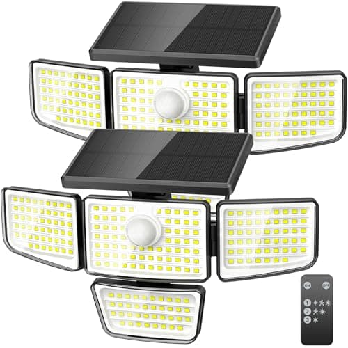Solar Security Outdoor Lights-3000LM 4 Heads Solar Flood Lights with Motion Sensor, IP65 Waterproof Security Lights with Remote, 270° Wide Angle Flood Wall Lights with 3 Modes for Home Outside, 2 Pack - Image 1