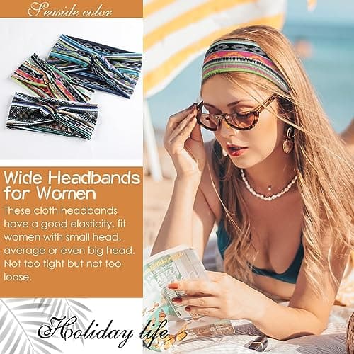 Achiou Boho Headbands for Women, Twist Knotted Head Bands for Women's Curly Hair Non Slip, Wide Turban Cloth Hairbands, Elastic Hair Accessories for Girls Yoga 6 Pack Two Size - Thumbnail 5