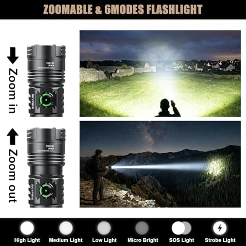 SKYFIRE Rechargeable Flashlight, 2000LM LED Tactical Flashlight, 7500mAh Type-C, Zoomable Waterproof, 5 Modes with Power Display, for Outdoor Hiking Camping Emergency Use(Silver Gray) - Thumbnail 2