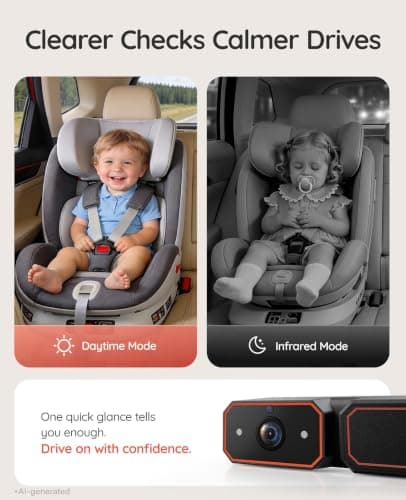 Babyvue Wireless Baby Car Camera, Easy 2-Step Setup, 5.2" Display, 1080P HD IR Night Vision, Clip-On or Strap Mount, 3X Zoom, Back Seat Camera for Baby - Thumbnail 4