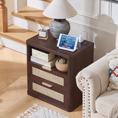LEYAOYAO Rattan Nightstands with Charger Station, 23" Wide Boho Night Stand with 2 Drawers, Bedside Table Open Shlef, Bed Side End Table Dresser for Bedroom, Living Room Hallway, Walnut - Thumbnail 4