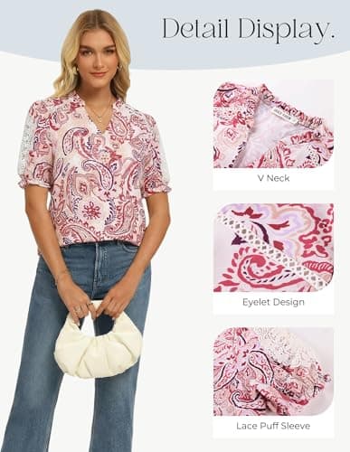 GRACE KARIN Women Boho Floral Tops, Summer Short Sleeve Shirts, V Neck Dressy Casual Blouse Work Printed 2026 Spring Trendy Beige Red Small - Thumbnail 3