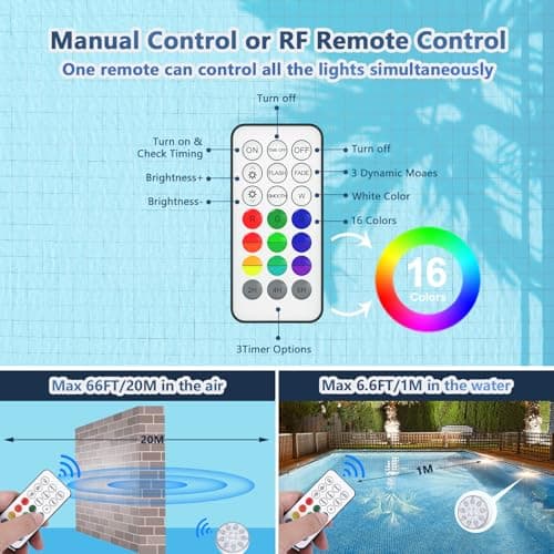 Pool Lights for Above Ground Inground Pool, Underwater Rechargeable Submersible LED Lights with Remote, IP68 Waterproof, Pool Light for Hot Tub, Shower, Vase, Fountain, Aquarium, Bath, Party, 2 Pack - Thumbnail 6