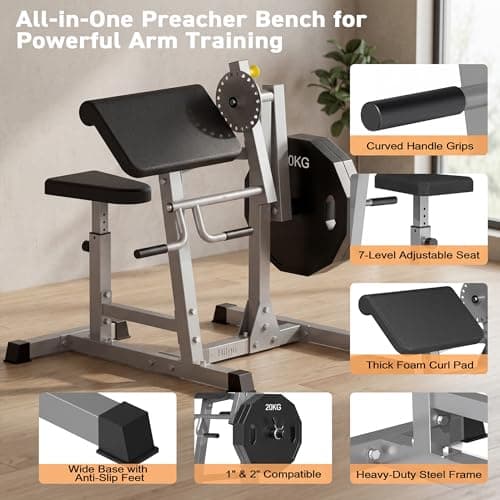 Preacher Curl Bench for Biceps and Triceps Isolation Training, with Thickened Pad, Compatible with 1" and 2" Weight Plates - Thumbnail 3