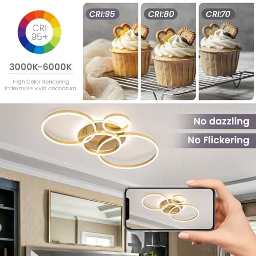 Modern LED Ceiling Light Gold Flush Mount Ceiling Light Dimmable Dining Room Light Fixtures with Remote 4 Rings Acrylic Kitchen Lighting Fixtures Ceiling Lamp for Living Room Bedroom (Gold, 4 Rings) - Thumbnail 3