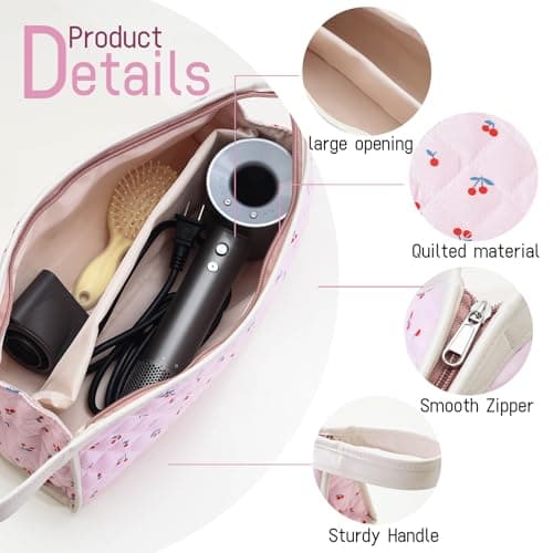 YATFRIK Large Quilted Travel Case, Floral Carrying Storage Bag Hair Dryer and Attachments, Portable Hair Tool Bag with Handle - Thumbnail 3